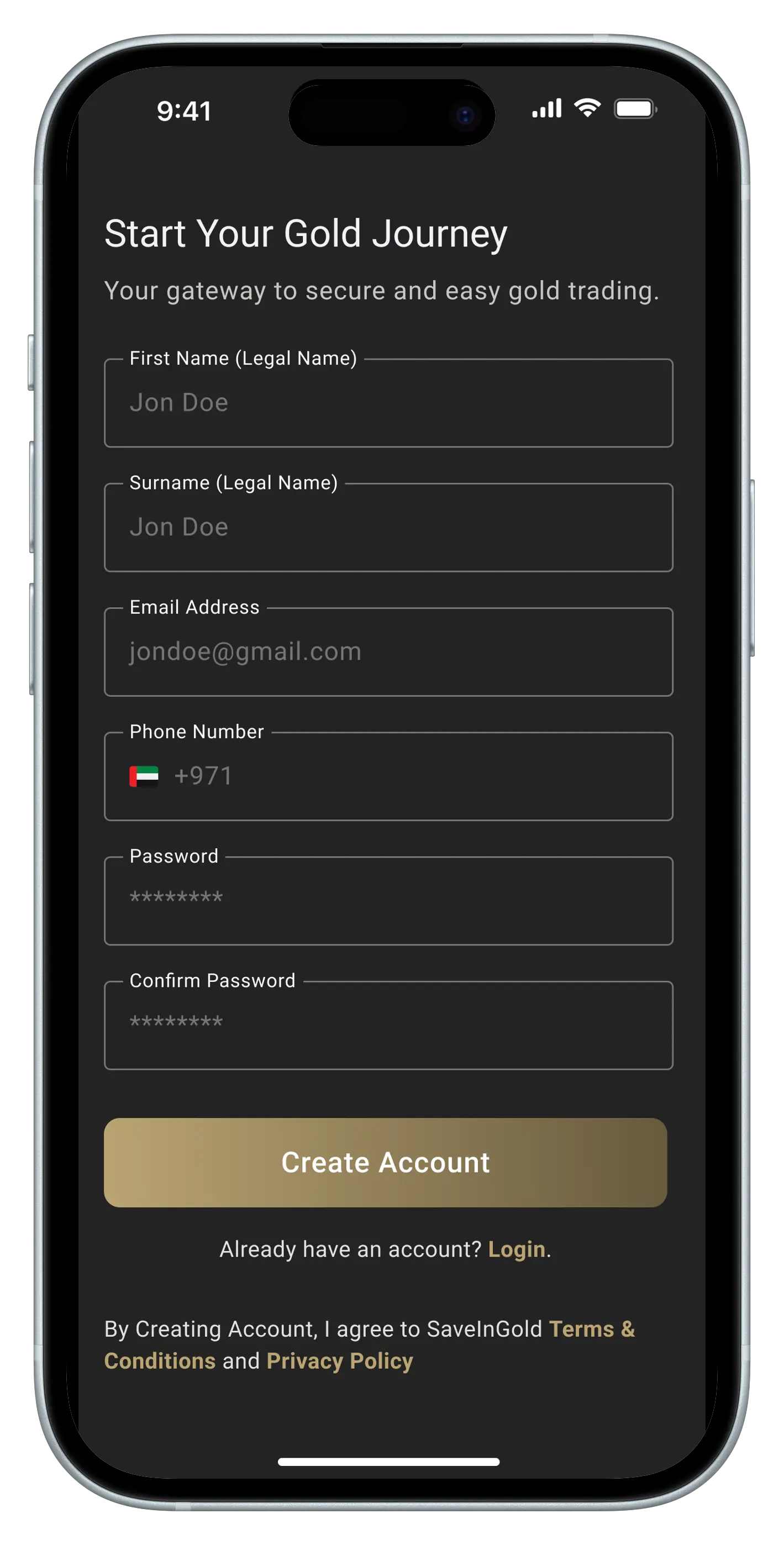 Start Your Gold & Silver Journey - Account creation form for secure gold buying platform.